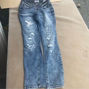 Black Daisy Jamie Relaxed Skinny Junior Jeans Distressed Bedazzled 0/24
